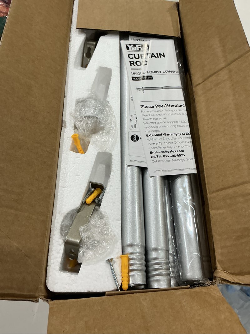 Condition photo showing Good Condition for yafex curtain rods 32-144 inch, heavy duty 1 inch adjustable curtain rod for windows, silver extra long window treatment rods, modern design, easy installation 32" to 144" silver