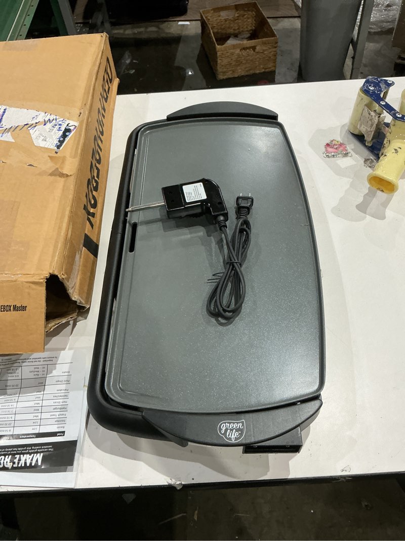 Condition photo showing As Is for greenlife 20” extra large electric griddle, non-toxic pfas & pfoa-free ceramic nonstick, temperature control, quick even heating, removable drip tray, pancakes, eggs, sausage, easy clean, black