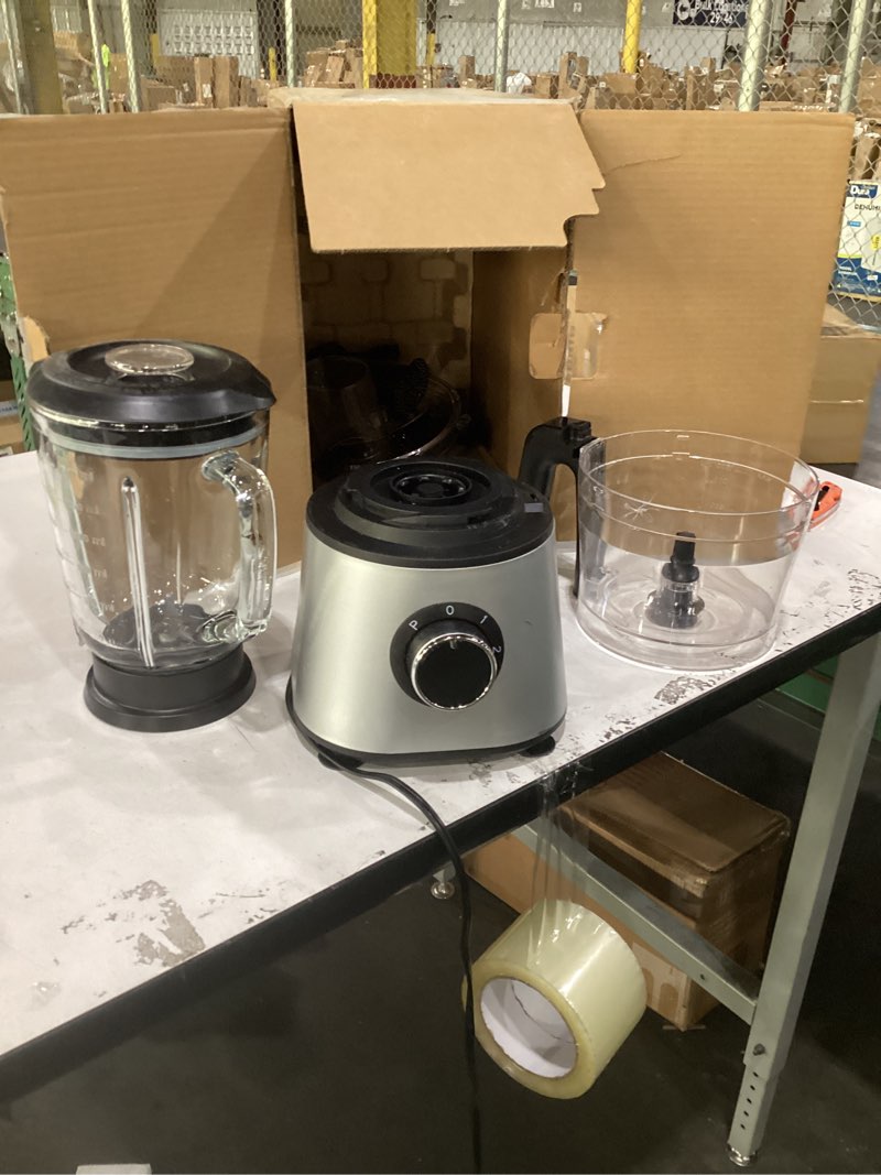 Condition photo showing New/Like New for simple deluxe food processor blender combo, 300w electric food processor for slicing, dough, vegetables, 6 cup chopper for meat and puree, 2 speeds adjustable, safety lock with 1.5l glass jar, black