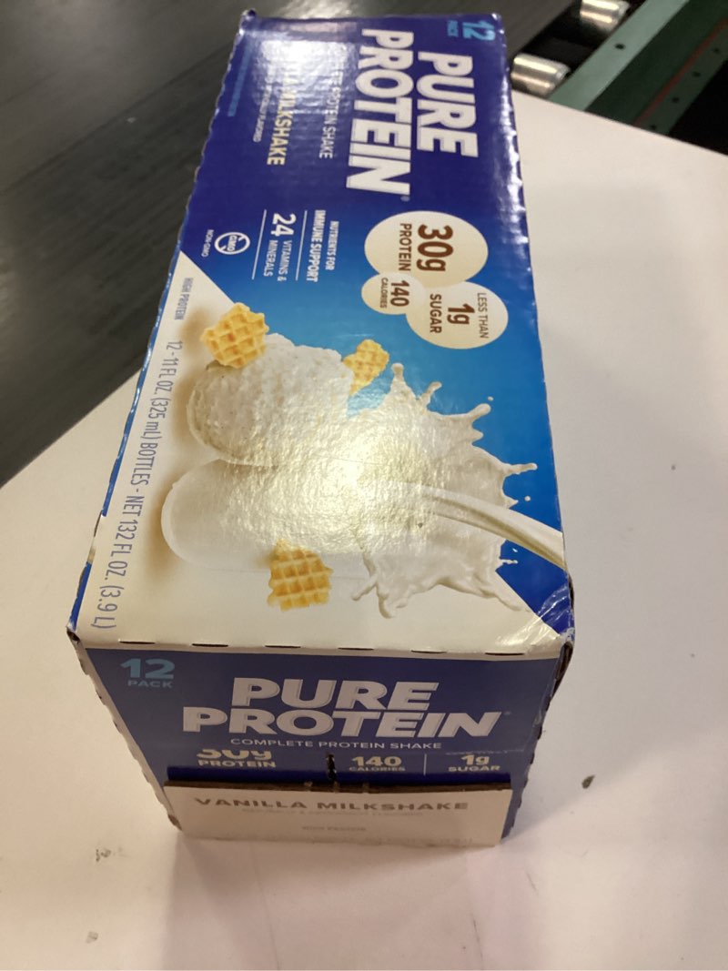 Condition photo showing New/Like New for Pure Protein Vanilla Protein Shake, 30g Complete Protein, Vitamins A, C, D, and E plus Zinc to Support Immune Health, Ready to Drink and Keto-Friendly, 11oz Bottles, 12 Pack Best By Apr /03/26
