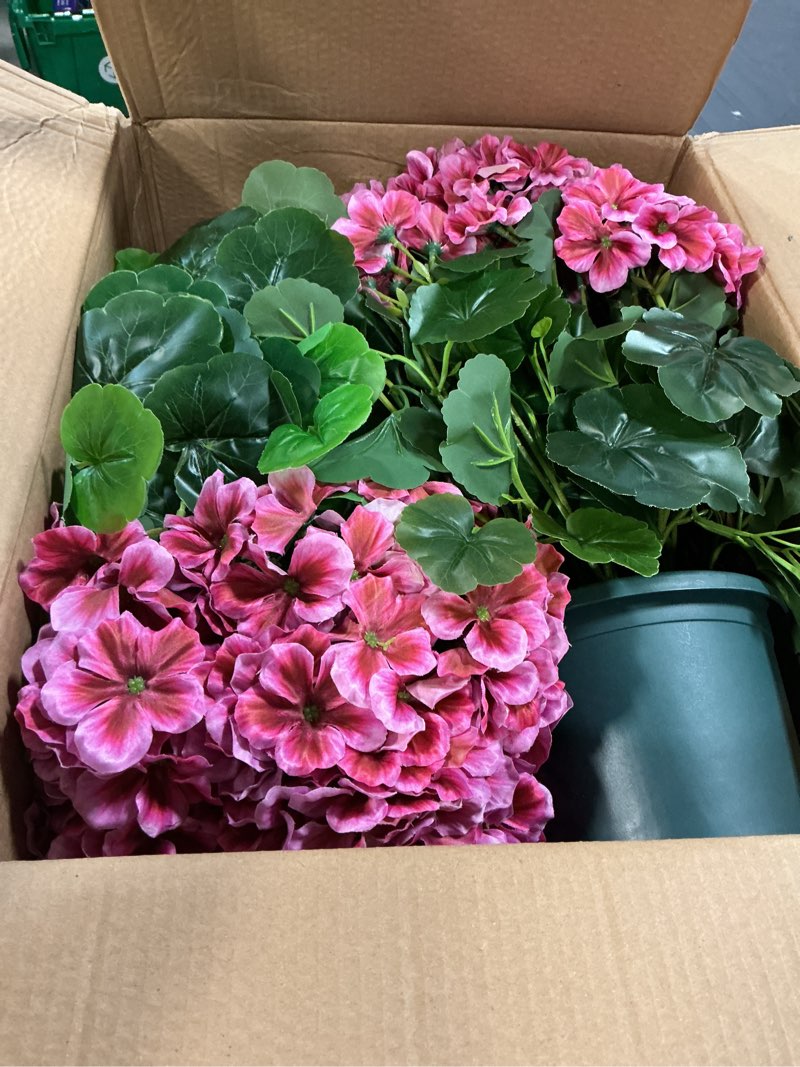 Condition photo showing New/Like New for qianyun artificial geranium bush – 20 inch outdoor potted artificial plant for front porch, uv resistant faux flower bush for garden, yard & patio decor (2 pack) dark pink