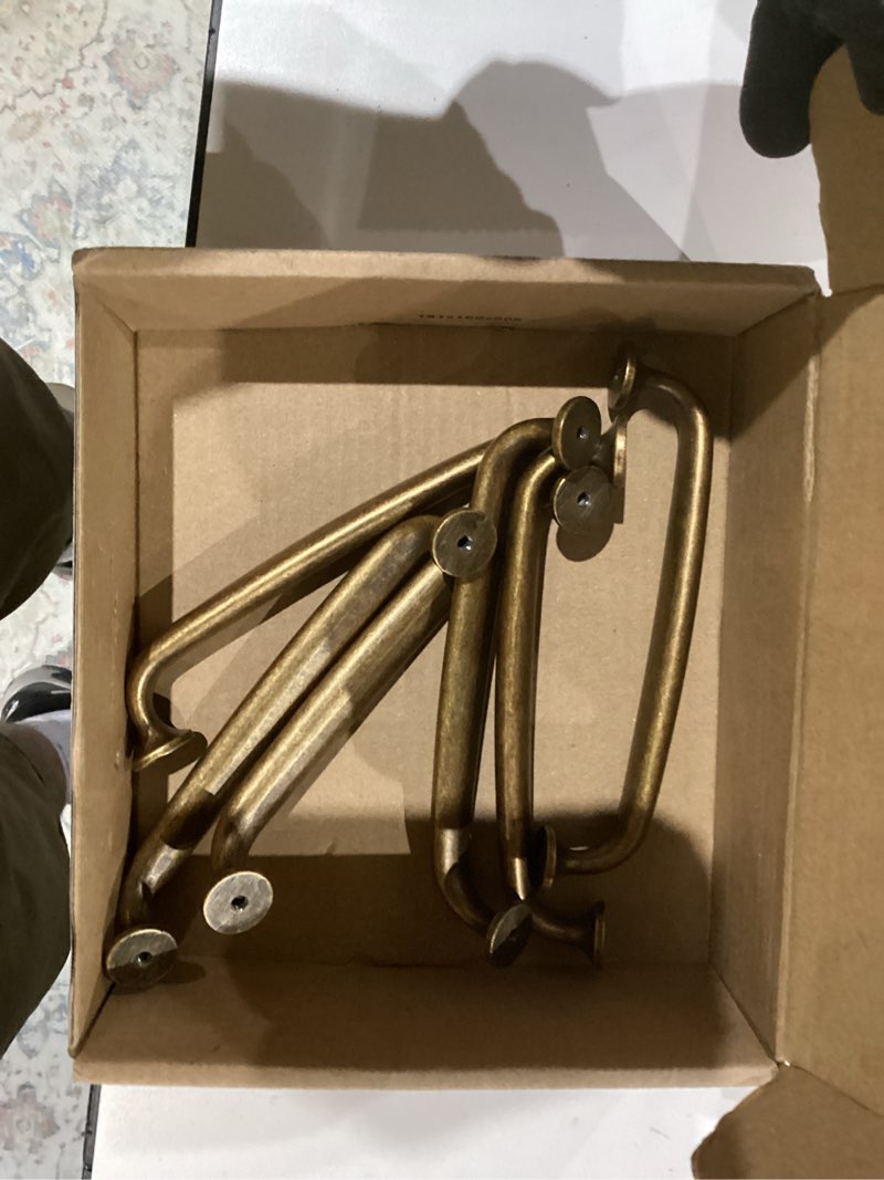 Condition photo showing As Is for Goo-Ki 6 Pack Antique Brass Cabinet Handles, 5.04"(128mm) c-c Antique Bronze Drawer Pulls, Zinc Alloy Solid Retro Brass Bar Pull Furniture Hardware for Kitchen Dresser Wardrobe Cupboard 5.04" Hole Center Antique Brass