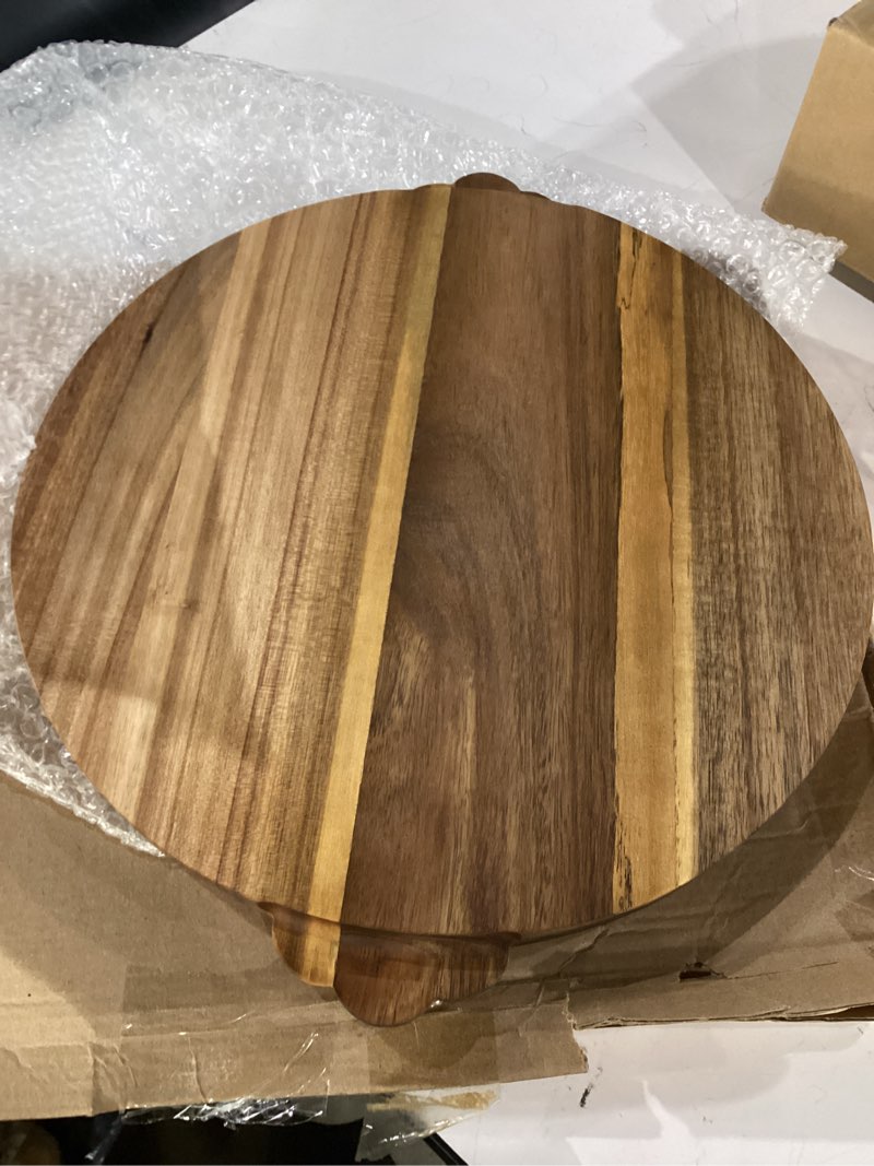 Condition photo showing Good Condition for ahandmaker round acacia wood tray 15x13 inch brown large round wooden tray for ottoman coffee table living room kitchen counter candle display home decor serving