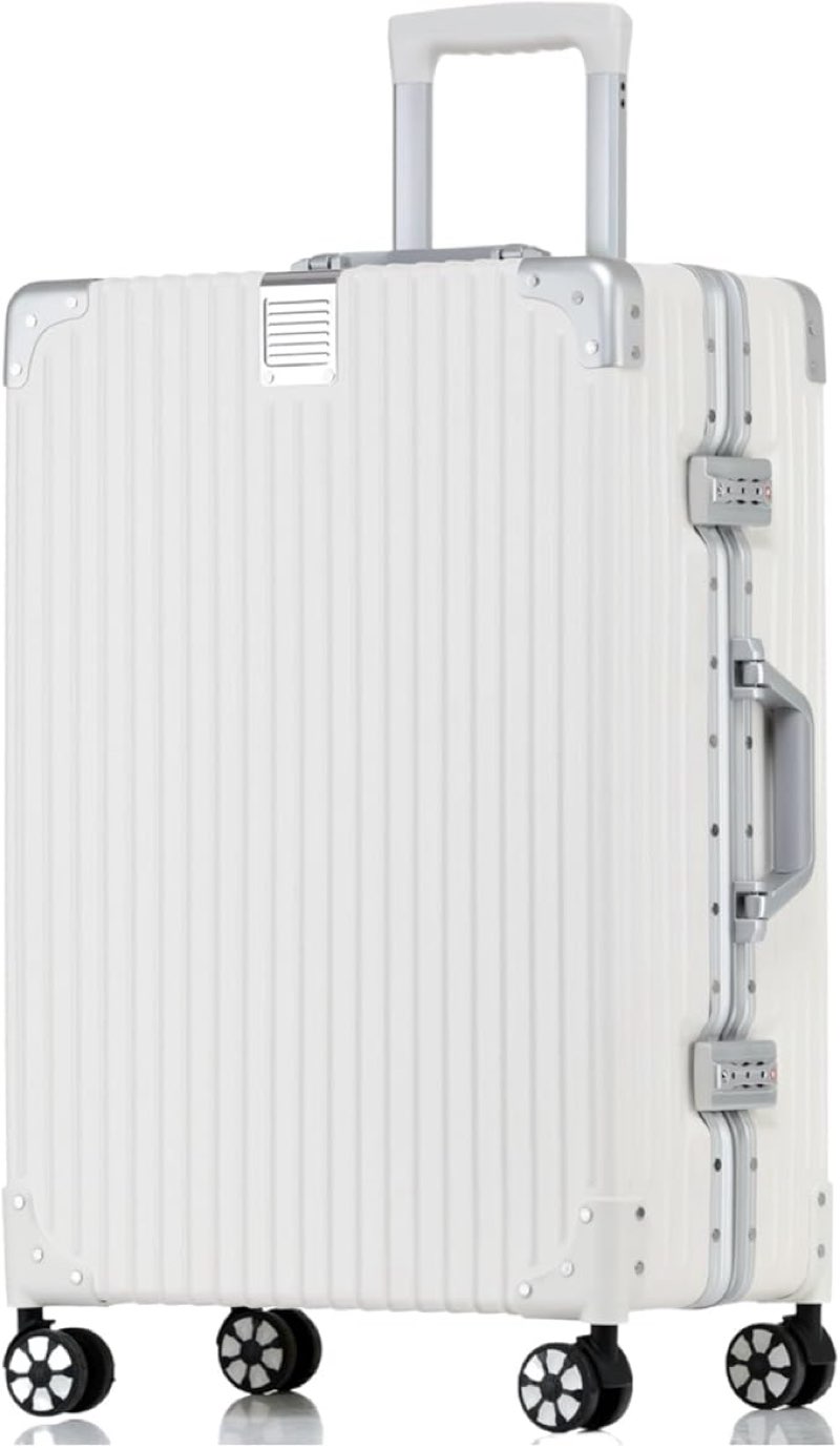hotway 24 inch checked in luggage with aluminum frame,pc hard shell suitcase with spinner wheels and tsa lock, large suitcase for travel, white