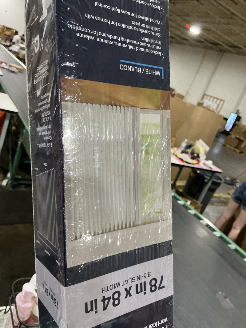 Condition photo showing New/Like New for project source room darkening vertical 3.5-in slat width 78-in x 84-in cordless white vinyl room darkening vertical blinds