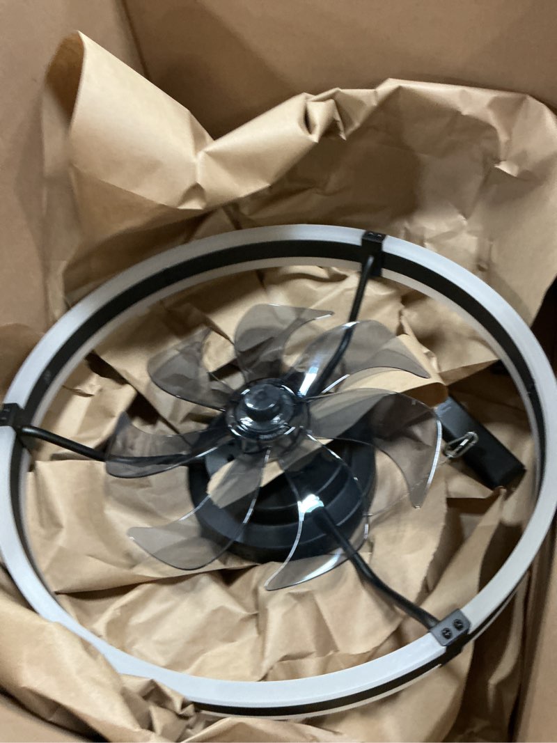 Condition photo showing As Is for Ensenior 20'' Low Profile Ceiling Fans with Lights and Remote, Fandelier Ceiling Fan Flush Mount, APP Control, 6 Speed & 3000K-6500K Stepless Dimmable Small Ceiling Fan with Light for Bedroom - Black 20 Inch Black