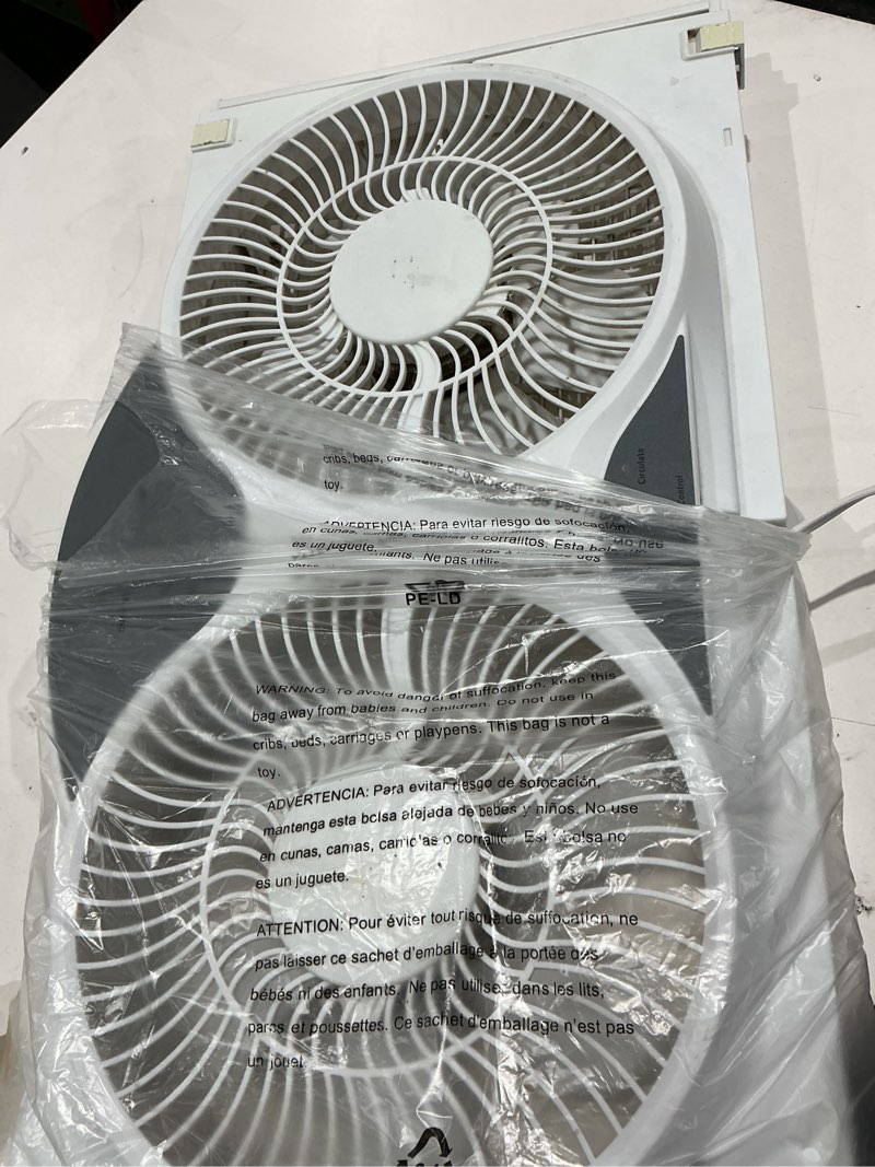 Condition photo showing As Is for comfort zone 9-inch smart wifi twin window fan – 3-speed dual blade fan with app & voice control, reversible exhaust, cooling & circulate modes, expandable 23.5" to 37", bug screen white 3-speed w/wifi