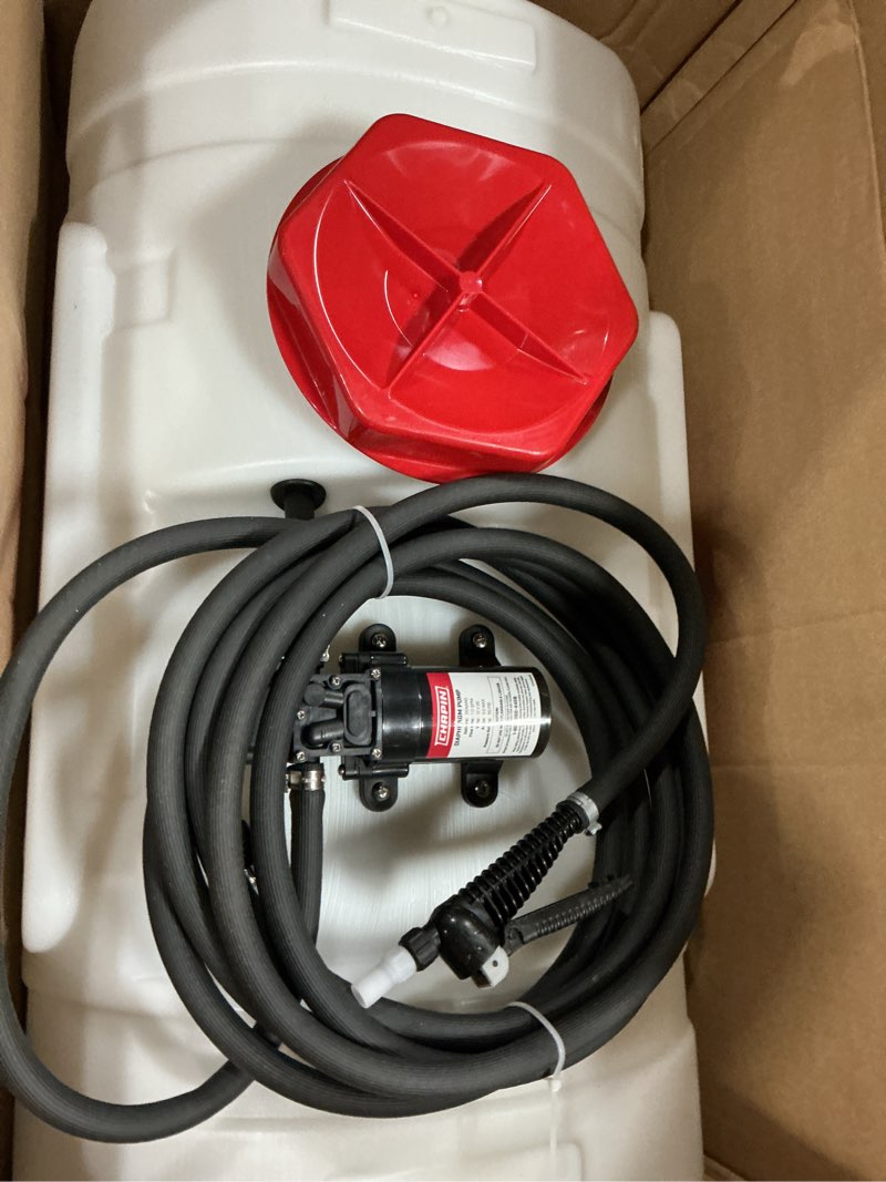 Condition photo showing New/Like New for chapin 97154 tank sprayer, 15?gallon, atv/utv, heavy?duty poly tank, 12v diaphragm pump, 6" wide opening, triple filtration, 18" wand & 15?ft hose for fertilizer, weed & pest applications 15-gallon