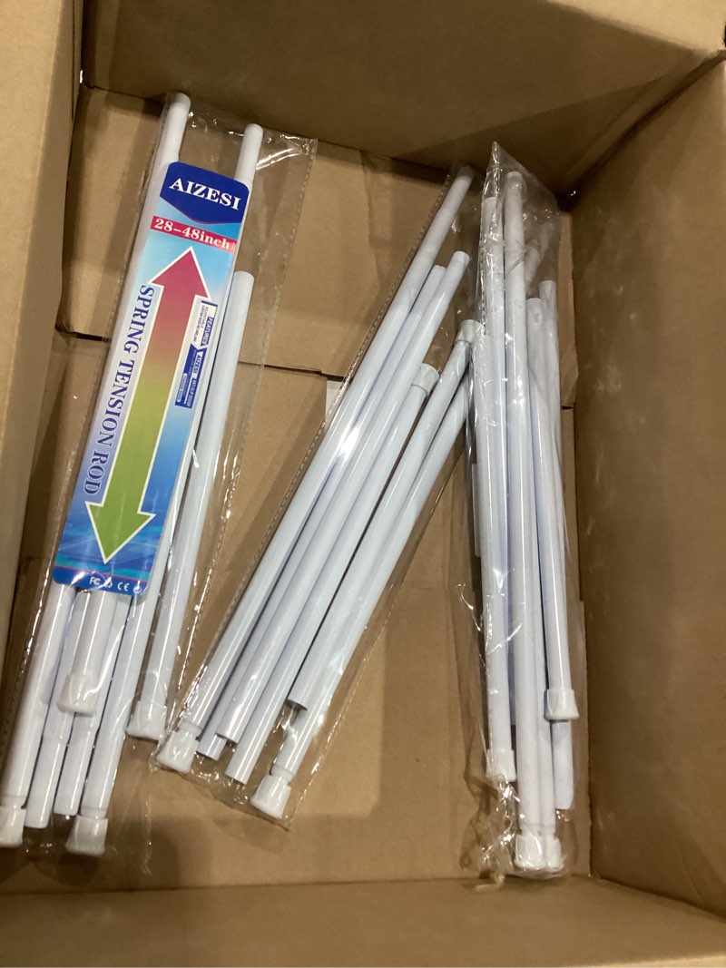 Condition photo showing As Is for aizesi 6pcs tension curtain rod 28 to 48 inch white no drilling adjustable spring curtain rods for window, doorway, closet, bathroom, kitchen white 6pcs 28 to 48 inches