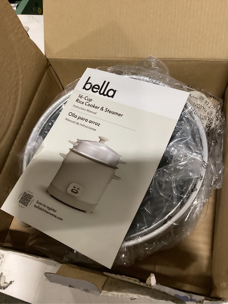 Condition photo showing As Is for bella 16 Cup Rice Cooker with Steamer, Dishwasher Safe Steaming Basket, Rice Paddle and Measuring Cup, Removable Nonstick Cooking Bowl, Automatic Keep Warm Function?, 400 Watt, Oatmilk