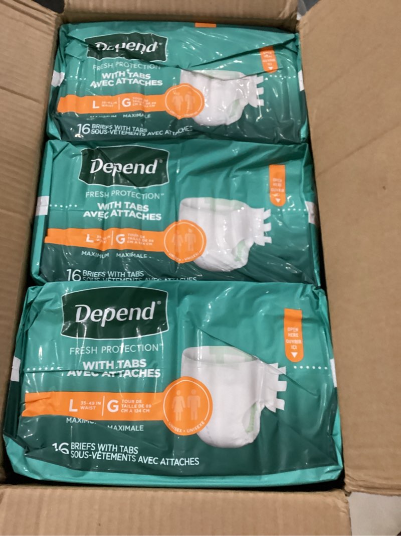 Condition photo showing New/Like New for Depend Adult Diapers with Tabs, Incontinence Protection with Tabs, Unisex, Large (35–49" Waist, over 170 lbs), Maximum Absorbency, 48 Count (3 Packs of 16) Large 48