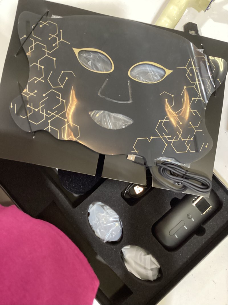 Condition photo showing As Is for led light therapy mask (e106a) for face, led light therapy mask with adjustable brightness and timer, soft silicone red light therapy mask for home & travel, black