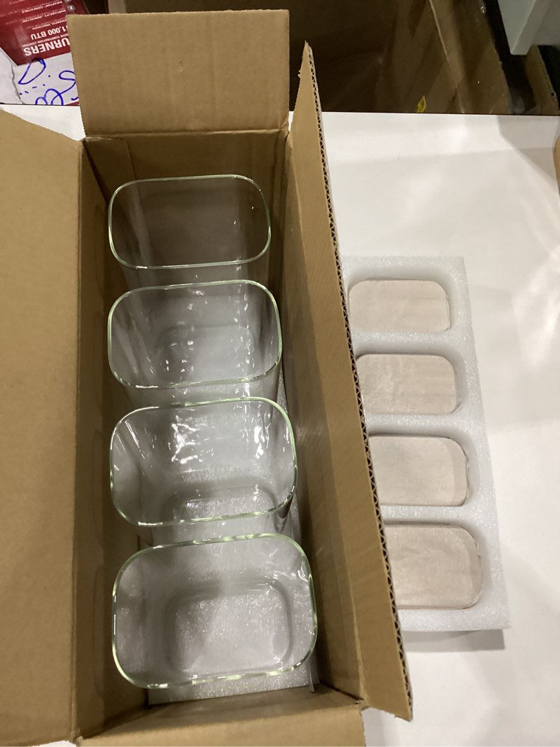 Condition photo showing New/Like New for 64oz rectangle airtight glass storage containers with bamboo lids (set of 4), square food storage jar, pantry organizers for cereal, flour, pasta and coffee beans (?with black lable) 64oz*4