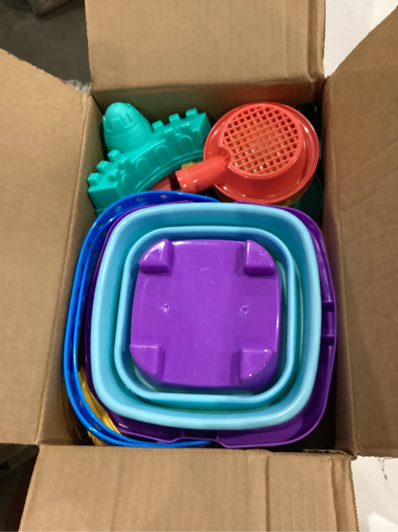 Condition photo showing New/Like New for beach sand toys for kids,sand toys with 2 collapsible beach bucket,2 beach sifter shovel,sand shovel set,sand castle kit,sea animal molds,diving gem pool toy,mesh bag travel toys for toddler 3-10