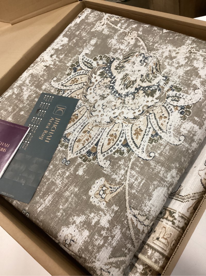 Condition photo showing Good Condition for jinchan fiora 9x12 area rugs for living room - machine washable vintage floral distressed design stain resistant carpet low pile non-slip large rug for bedroom dining room home office (9‘x12', taupe) 9' x 12' (light weight) distressed taupe