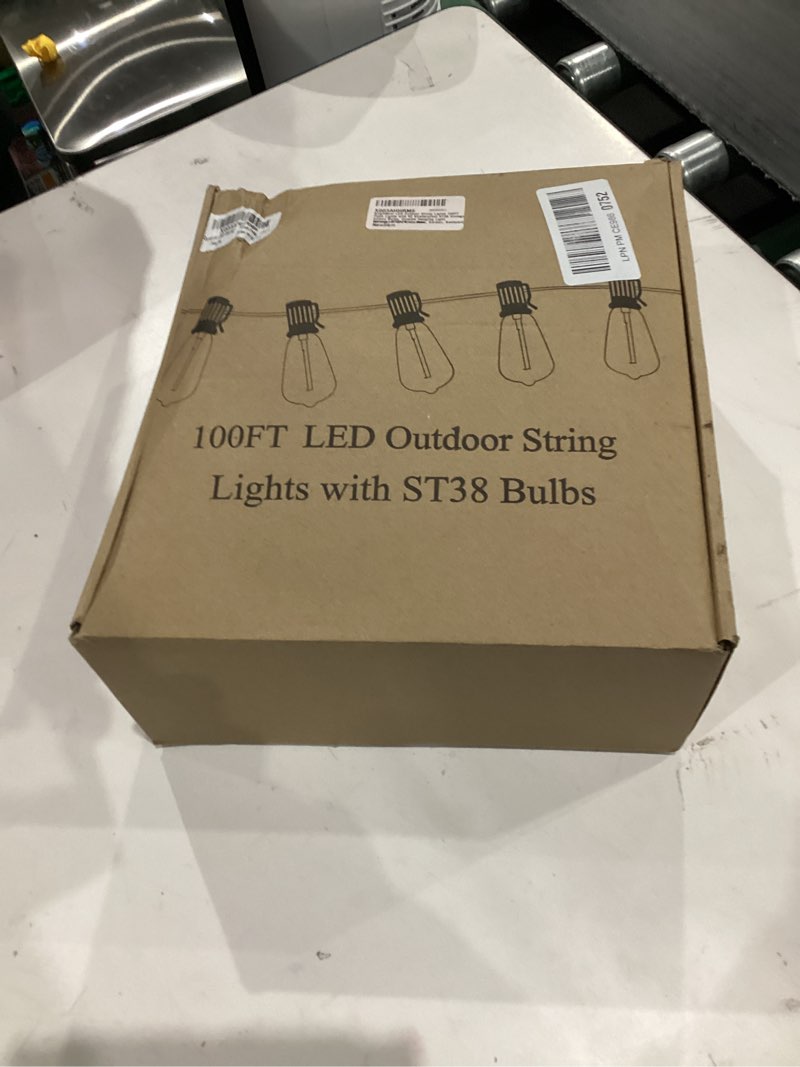 Condition photo showing New/Like New for Brightever LED Outdoor String Lights 100FT Patio Lights with 52 Shatterproof ST38 Vintage Edison Bulbs, Outside Hanging Light Waterproof for Porch, Deck, Garden, Backyard, Balcony, 2700K Dimmable Black Wire 100FT-Warm White