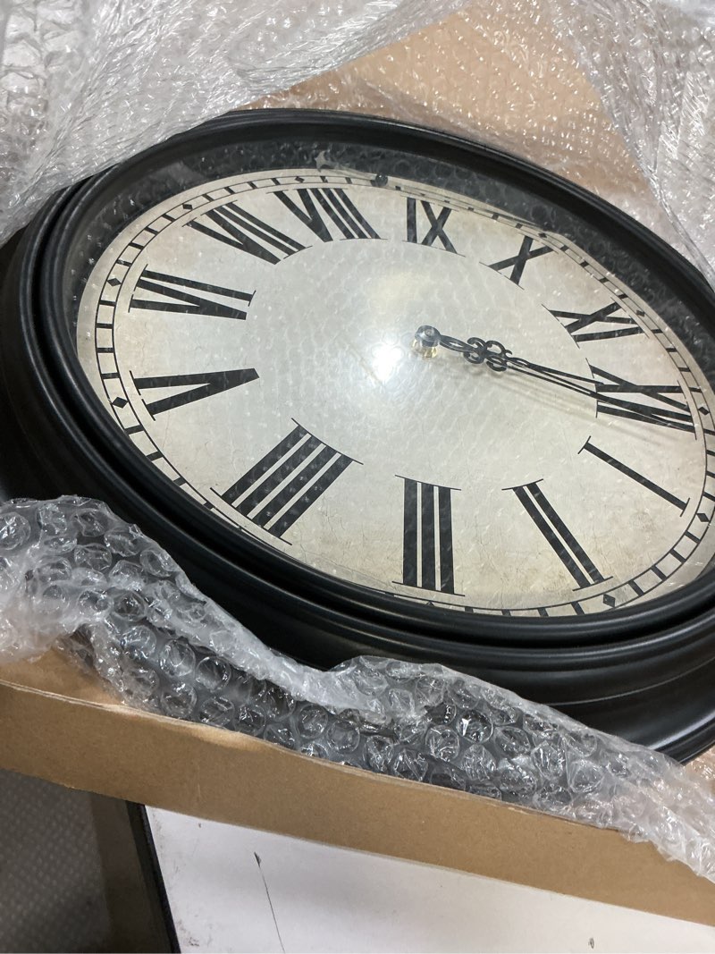 Condition photo showing As Is for plumeet extra large retro wall clock, 16'' non ticking classic silent vintage wall clocks decorative kitchen living room bedroom, roman numerals, battery operated, black black 16''