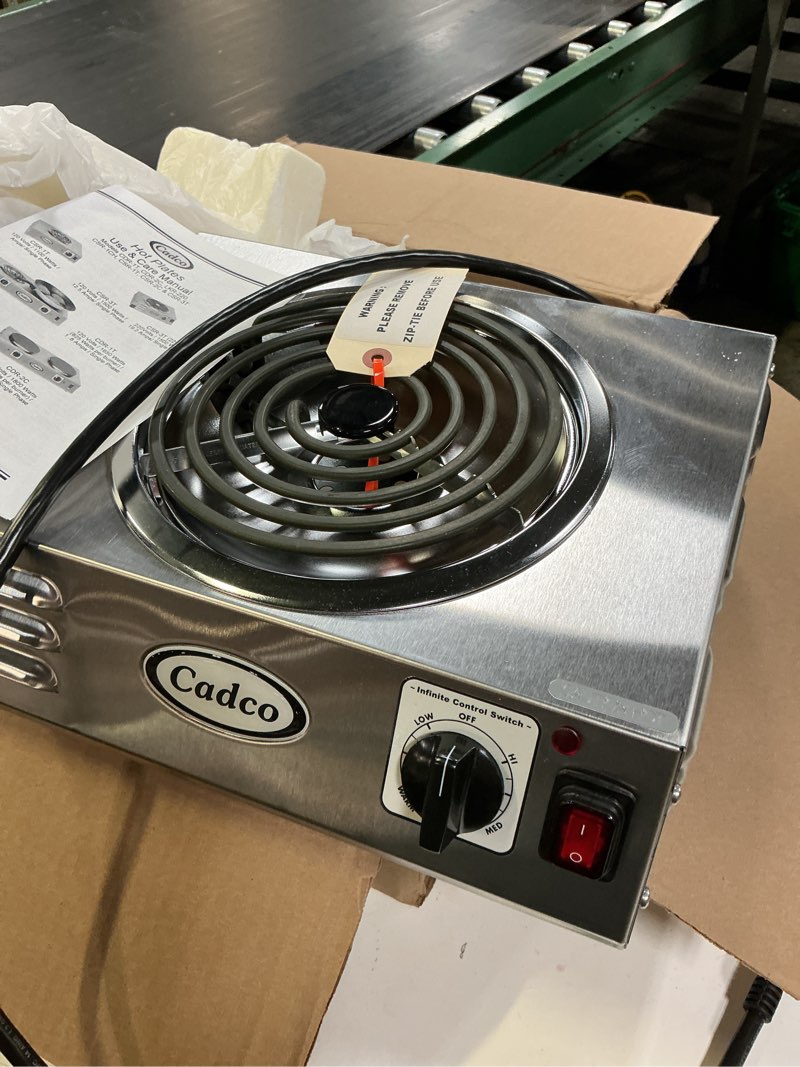 Condition photo showing New/Like New for cadco csr-3t 14" electric portable countertop hi-power hot plate with one tubular burner, stainless steel, 120 volts | stainless steel base and 8-inch tubular coil. safely supports 15 lbs. ideal for large pressure canners and heavy cast iron