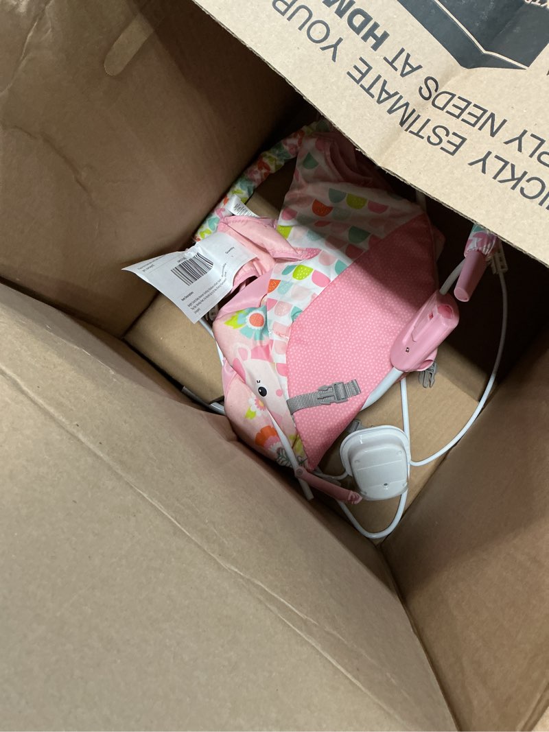 Condition photo showing As Is for bright starts baby bouncer soothing vibrations infant seat - removable -toy bar, nonslip feet, 0-6 months up to 20 lbs (fancy fantasy, pink unicorn)