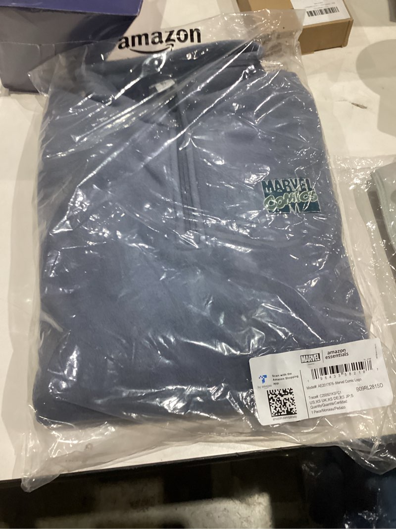 Condition photo showing New/Like New for Amazon Essentials Disney | Marvel | Star Wars Men's Polar Fleece Quarter-Zip Mock Jackets X-Small Marvel Comic Logo