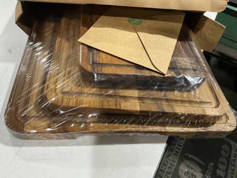 Condition photo showing Good Condition for 3 pack teak cutting board set for kitchen wood charcuterie board with juice groove wooden cutting boards non toxic heavy duty slip over sink solid thick chopping board fsc set of 3