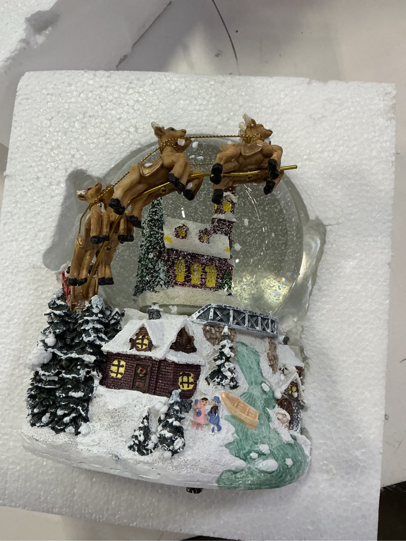 Condition photo showing New/Like New for 7'' h christmas snow globe with light up and musical spring decoration gift, snowflakes water globe, santa sleigh reindeer resin snow globe, christmas holiday indoor decor.
