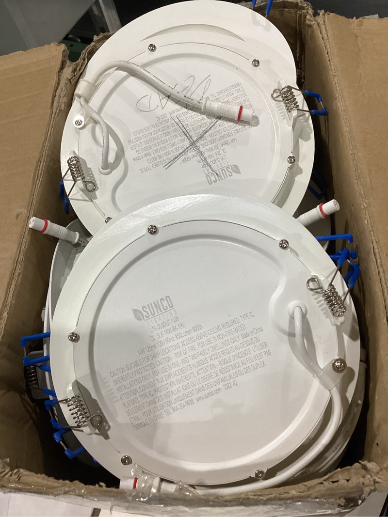 Condition photo showing As Is for NOT TESTED Sunco 24 Pack Recessed Lighting 6 Inch LED, Canless Ceiling Lights Slim with Junction Box, 1200 LM, 14W (100W Equivalent), 5000K Daylight, Dimmable, Wafer Thin, 50000 Lifetime Hours ETL 5000K Daylight 6 Inch