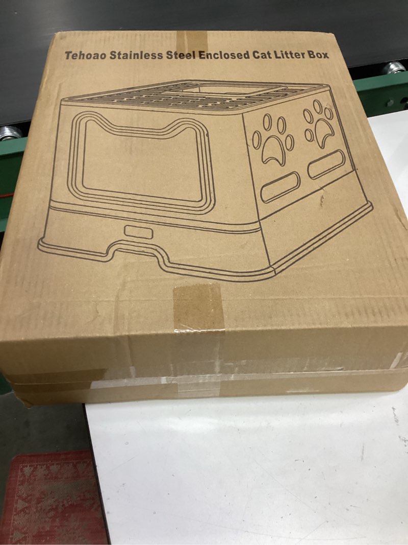 Condition photo showing New/Like New for Enclosed Cat Litter Box with Lid Top Exit Covered Metal Stainless Steel Litter Box Leak Proof & Odorless Easy to Clean Including Cat Litter Scoop and Litter Mat Gray One Size