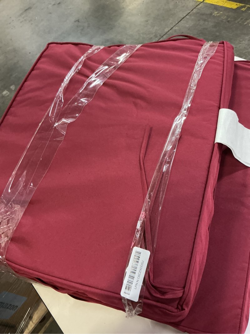 Condition photo showing As Is for cozyide 22x22 outdoor cushions for patio furniture, waterproof outdoor chair cushions with non-slip ties and handle, washable deep seat cushions for outdoor furniture with removable cover, burgundy burgundy 22x22x3