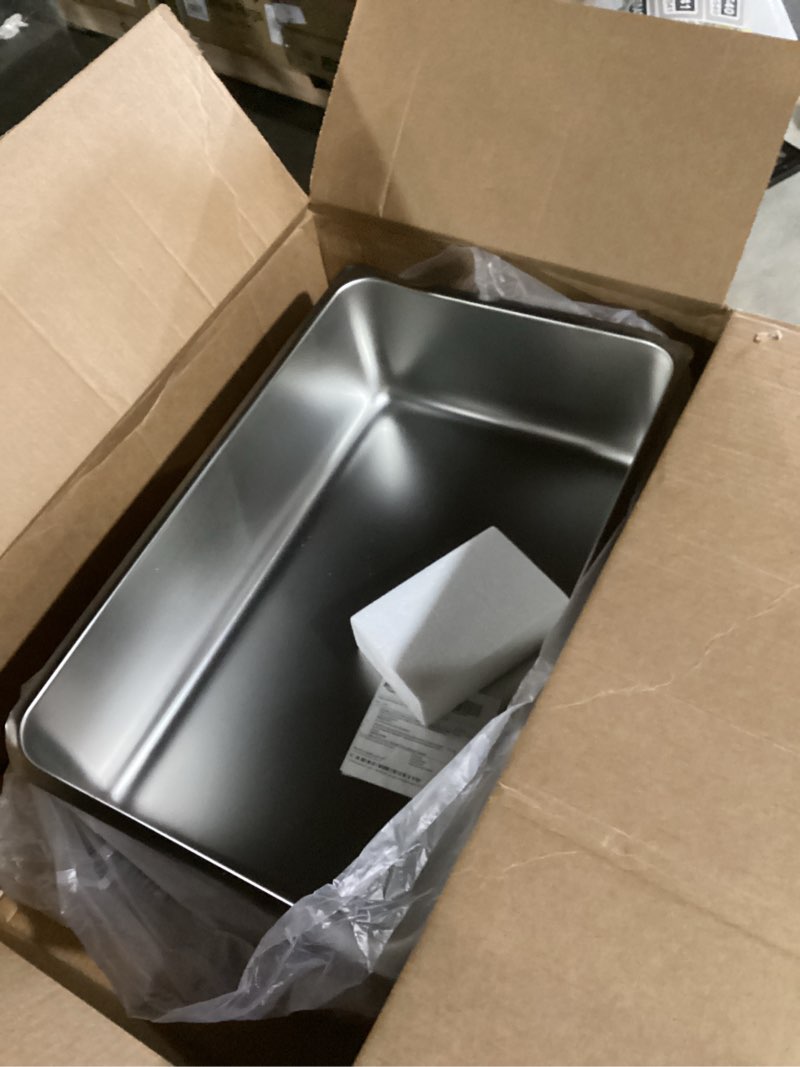 Condition photo showing As Is for curta 6-inch deep spillage pan, full size, heavy duty, 18-8 stainless steel, nsf listed, 21" d x 13" w x 5.91" h, 21 gauge