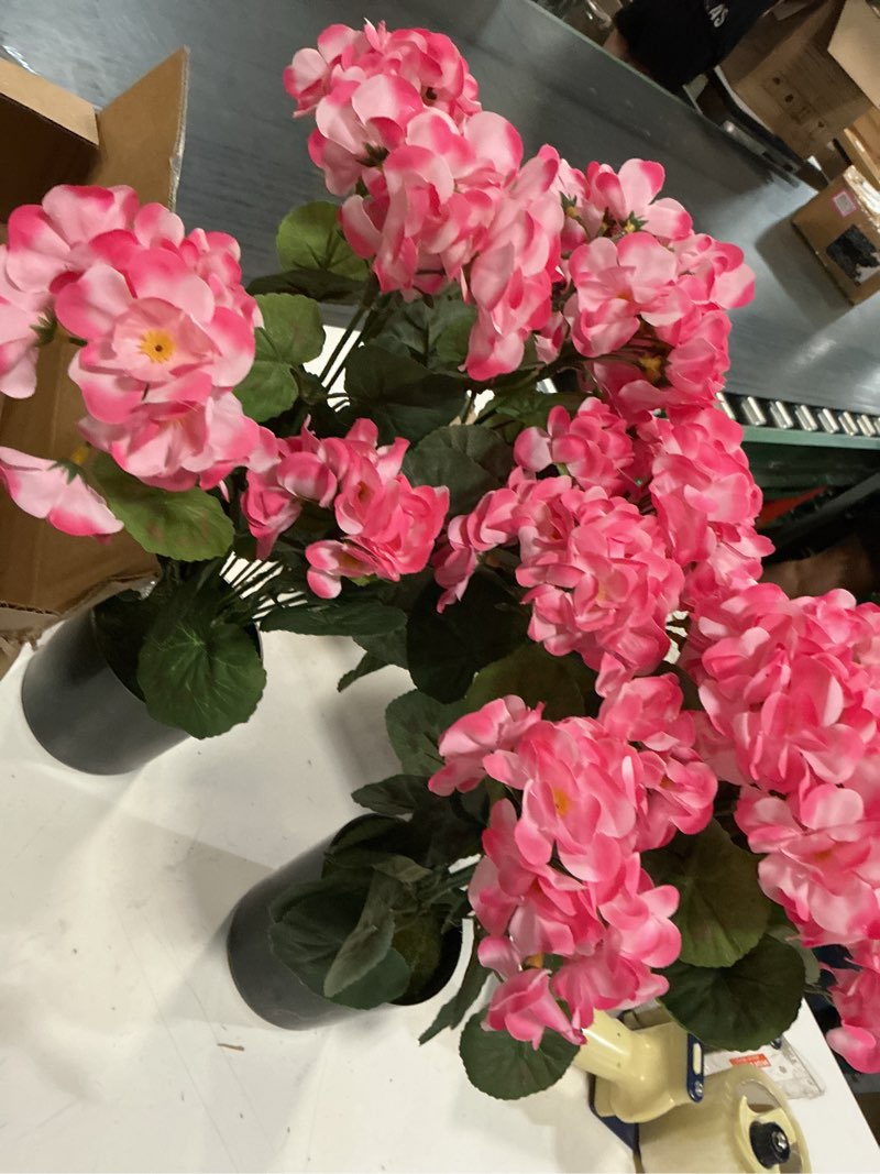 Condition photo showing Good Condition for 2pcs geranium potted artificial flowers in pots, faux outdoor plants realistic geranium, decorative fake potted plants for patio garden home decoration, uv resistant artificial flowers 16"tall (pink)