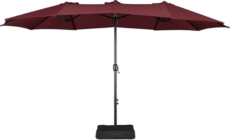 yaheetech 15 ft triple-size patio umbrella w/base included - market extra-large double sided umbrella - twin-size patio parasol w/easy crank & 12 strong ribs & ventilation openings, burgundy