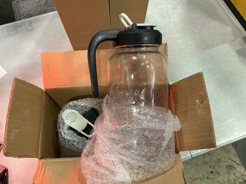 Condition photo showing New/Like New for set of 2, glass pitcher with lid - 2 quart mason jar pitcher with filter lid, wide mouth jar leak-proof water jug, heavy duty container for water, juice, milk, tea, iced coffee, and drinks