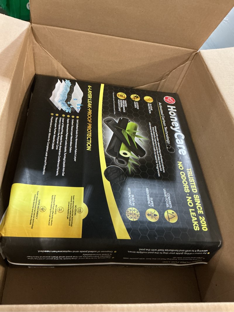 Condition photo showing New/Like New for honey care all-absorb puppy training pads | doggie potty pads absorb eliminating urine odor, ultra charcoal dog pee pad (carbon, l 22x23 inch, 100ct) large 22"x23" 100