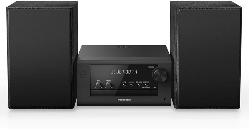 panasonic compact stereo system with cd player, bluetooth, fm radio and usb with bass and treble con