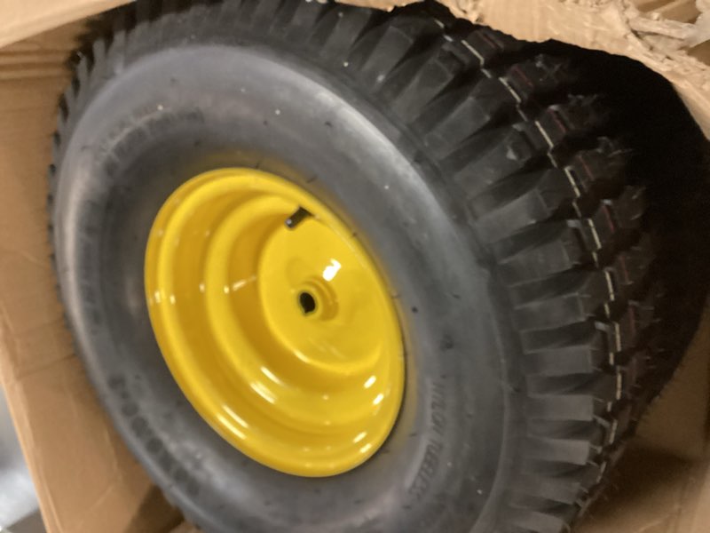 Condition photo showing Good Condition for (2-pack) 20x8.00-8 rear tire and wheel assemblies - 4 ply tubeless tire compatible replacement for riding lawn mowers - 3/4" borehole, 3.5" offset hub and 3/16" keyway 20 x 8.00-8" tubeless (offset hub) yellow