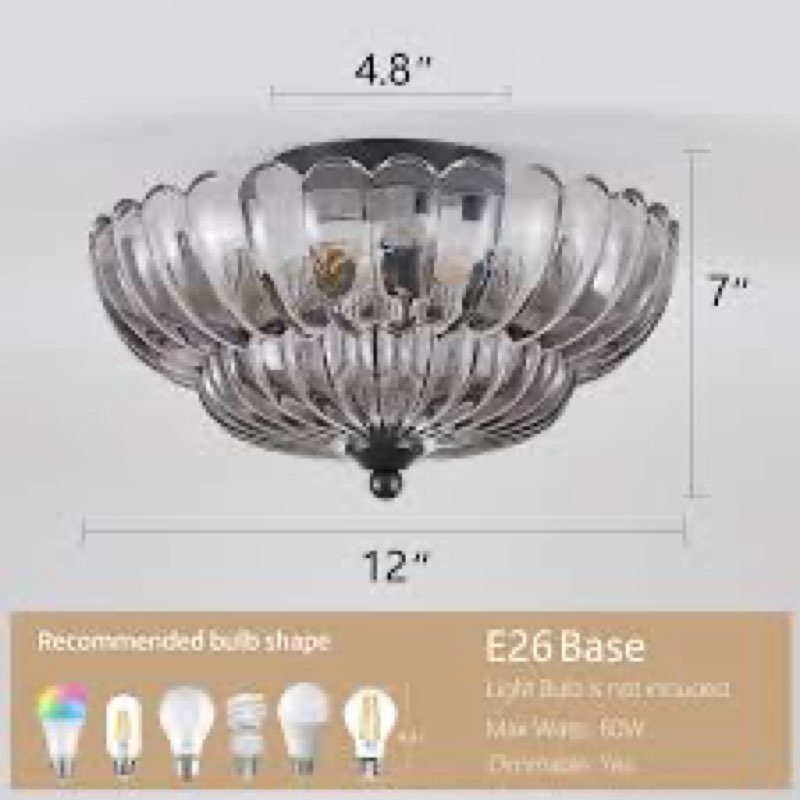 haodengshi Modern Black Ceiling Light Fixture, 12" Grey Glass Flush Mount Chandeliers, Semi Flush Mo