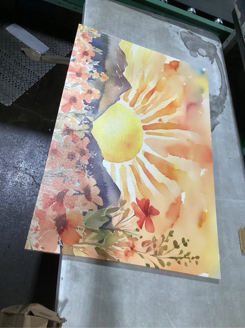 Condition photo showing Good Condition for houria boho mountain framed canvas wall art, forest sunrise wall decor,modern colorful landscape wall painting,nature woodland watercolor art print for living room, bedroom, office- 20"x40" mountain landscape wall art 40l" x 20w"