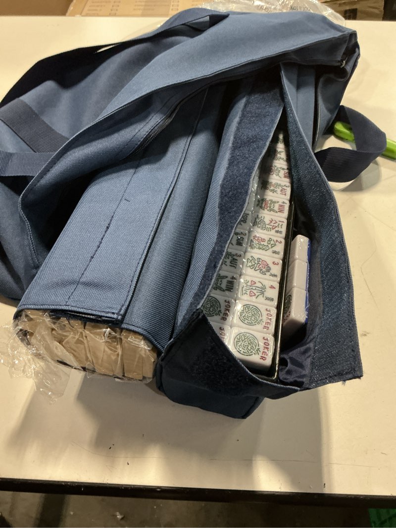 Condition photo showing Good Condition for yellow mountain imports american mahjong set, indigo tides - blue soft case, 4 all-in-one racks with pushers, wright patterson scoring coins, dice, & wind indicator