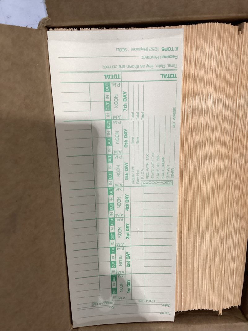Condition photo showing New/Like New for weekly time cards 1-sided, 3-1/2" x 9", named days, 500-count,time cards for employees, green print, timecards for time clocks