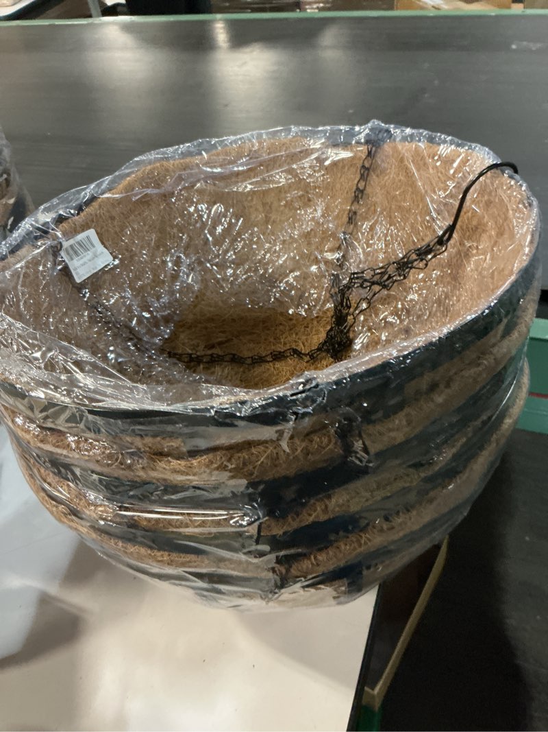 Condition photo showing New/Like New for black flat iron metal hanging planter basket with coco coir liner(4 pack, 14 inch) hanging planters for outdoor plants round plant flower pots hanging flower basket for outdoor patio garden decoration 4 14 inch