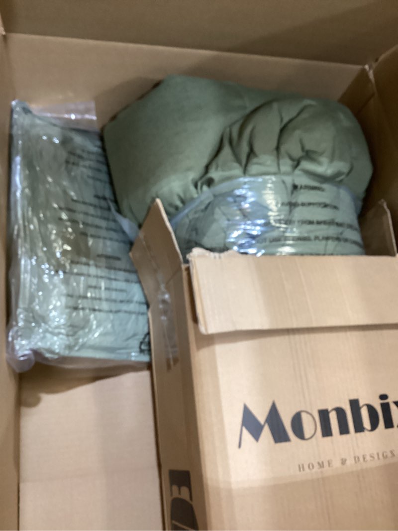 Condition photo showing Good Condition for monbix california king comforter set - 7 pieces cationic dyeing sage green bed in a bag cal king bed sets with comforter, sheets, pillowcases & shams, reversible bedding comforters sets sage green 7piece-cal king(104”*96”)