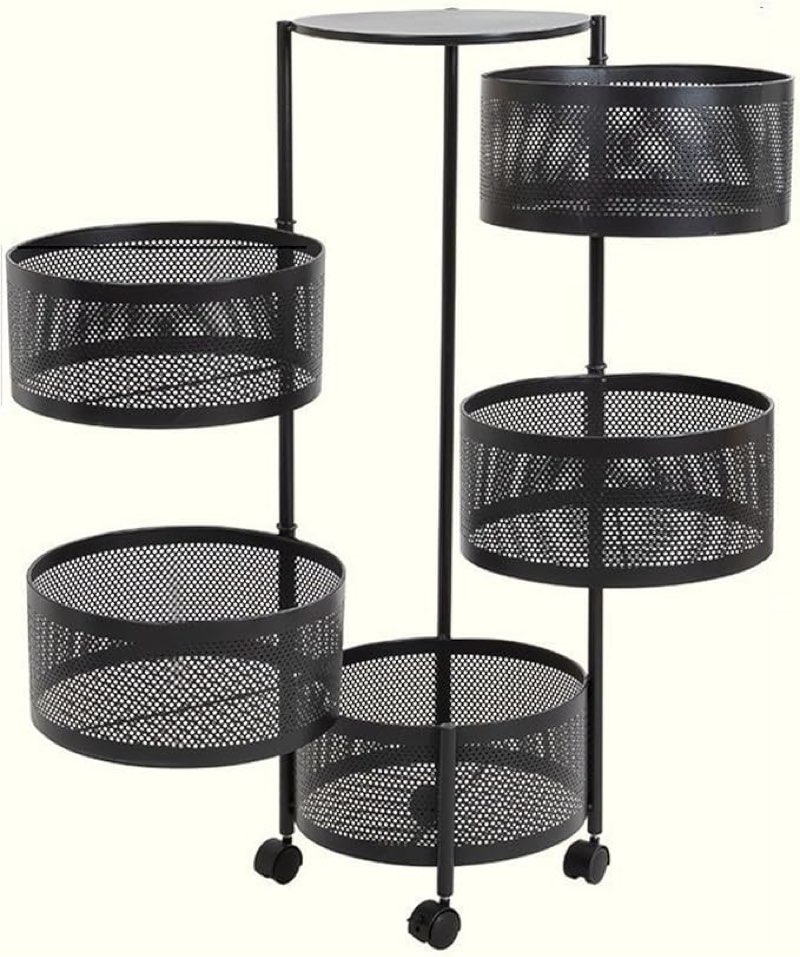 Rotating Storage Rack Round Layered Storage Rack Trolley for:Bathroom, Balcony, Kitchen with Lockable Casters (Color : Black, Size : Five Layers)