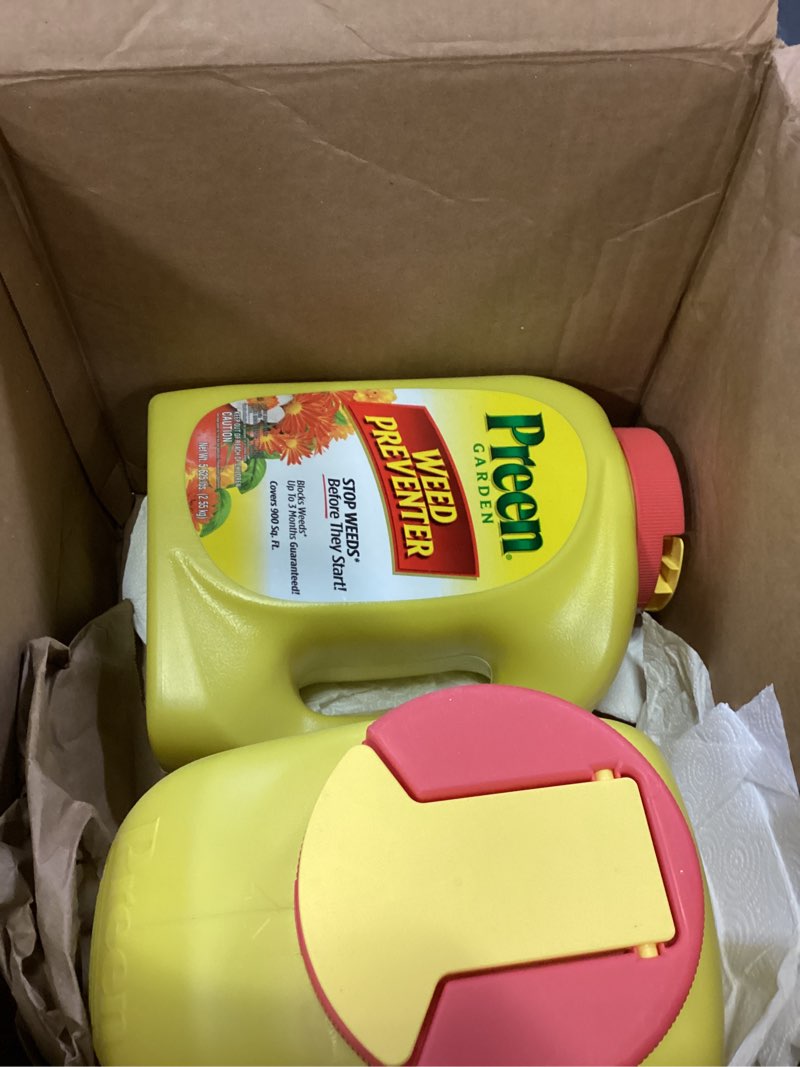 Condition photo showing New/Like New for preen garden weed preventer 11.25 lb. (case pack of 2-5.625 lb. bottles) covers 1,800 sq. ft. - prevents weeds in garden and landscape beds