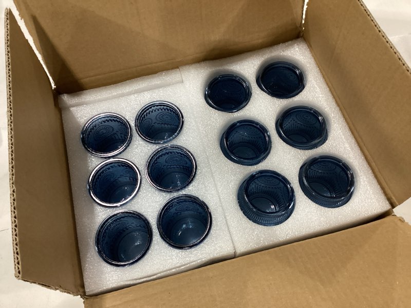Condition photo showing New/Like New for 12 pcs clear blue glass votive candle holders, vintage candle holder bulk, tealight candle holders for table centerpieces, home, bridal shower, birthday, party table decor