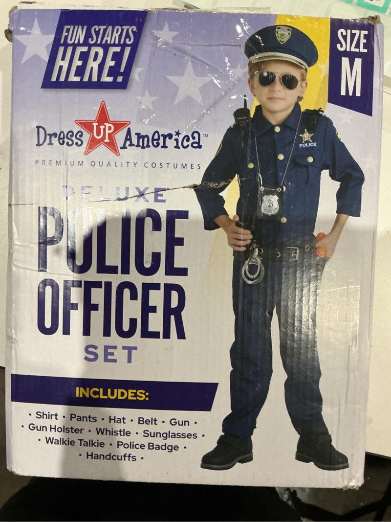 Condition photo showing As Is for dress up america police costume for kids – realistic cop uniform with shirt, pants, hat & accessories - halloween costume medium
