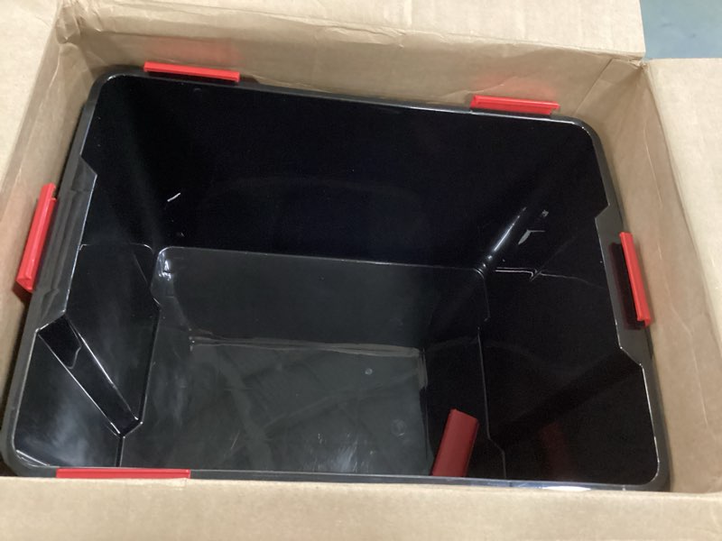Condition photo showing As Is for (Incomplete missing lid) IRIS USA WeatherPro 74 Qt Storage Bins with Lids, 4 Pack, BPA-Free Plastic Gasket Box with Tight Latch and Seal, Stackable Nestable Tote Tub - Black/Red 74 Qt. - 4 Pack