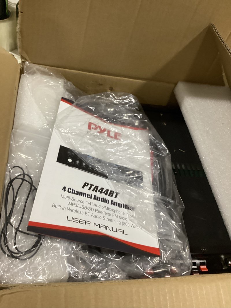 Condition photo showing Good Condition for pyle 4-channel audio amplifier with bluetooth - home stereo receiver w/ 500w max power - commercial or karaoke - dual mic input with echo, vol, talk-over - aux in - sub out - usb-a mp3 player, am/fm