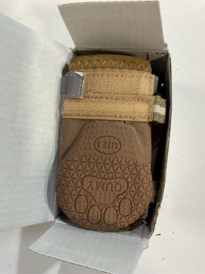 Condition photo showing New/Like New for qumy dog shoes for large dogs, medium dog boots & paw protectors for winter snowy day, summer hot pavement, water-resistant in rainy weather, outdoor walking, indoor hardfloors skid-resistant sole khaki size 3: 2.0''x2.5''(w*l) (pack of 4)