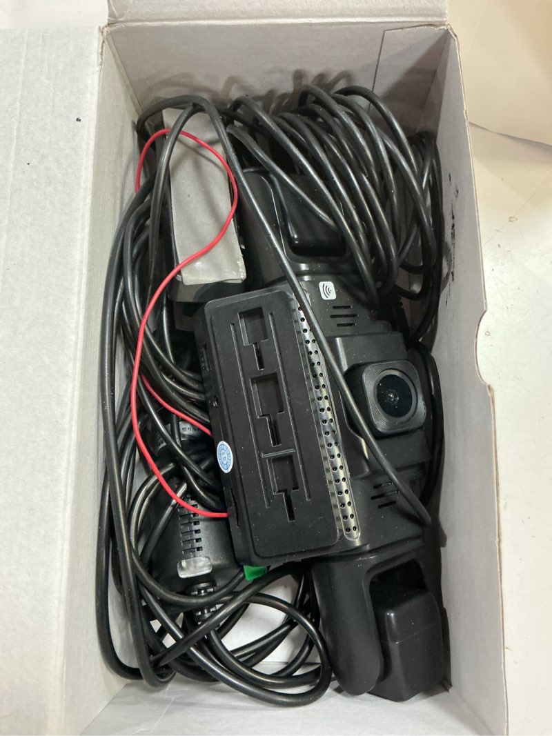 Condition photo showing As Is for 4 channel dash cam 360 view for all-round protection, 4-way front rear inside recording, built-in 5g wifi & gps, app control, 8 ir night vision, 24h parking monitor, g-sensor, free 64gb card
